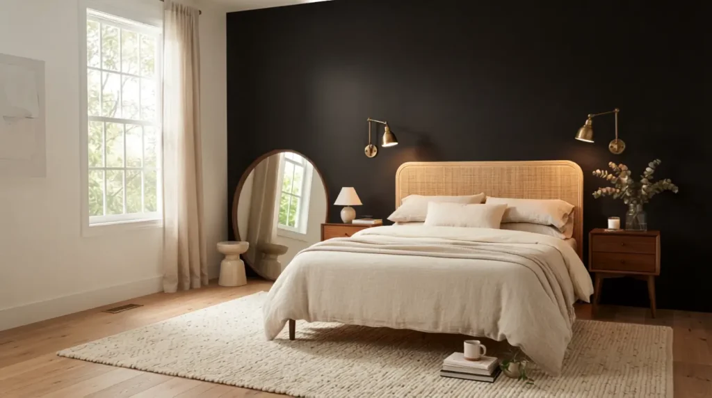 "Primary bedroom with warm black walls, rattan headboard, brass sconces, and linen bedding"