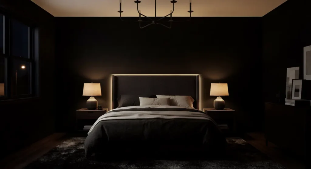Black bedroom at night showing layered ambient, task, and accent lighting