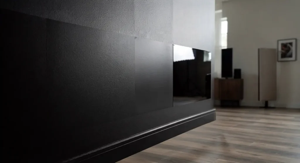 Matte, eggshell, and high-gloss black paint sheen comparison on a bedroom wall