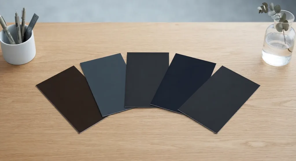 Comparison of warm, cool, and neutral black paint swatches for bedroom walls