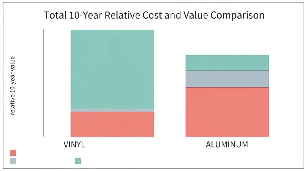 Bar chart comparing ten year cost of ownership for vinyl and aluminum windows
