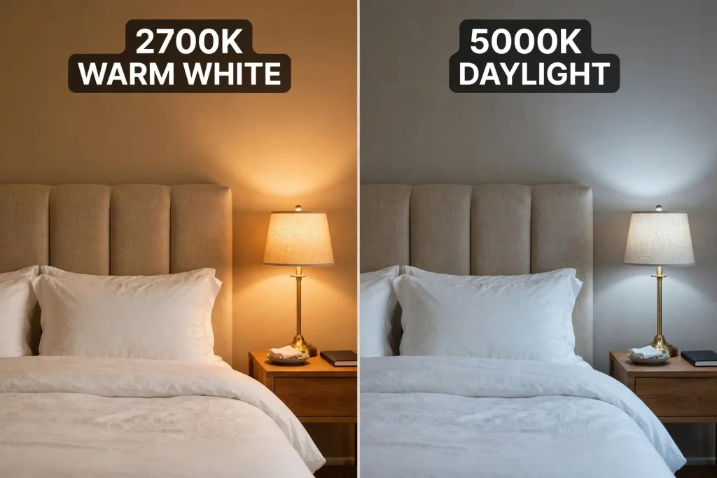 Tan bedroom wall under 2700K warm bulbs compared with 5000K daylight bulbs
