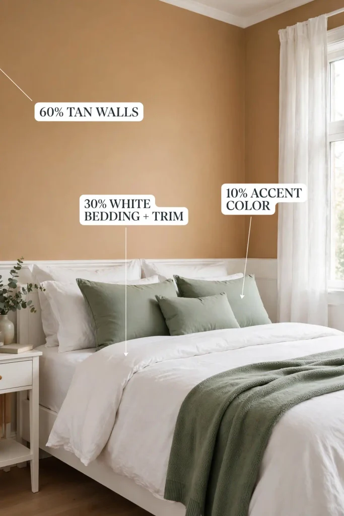 60 30 10 color ratio for a tan and white bedroom with labeled sections