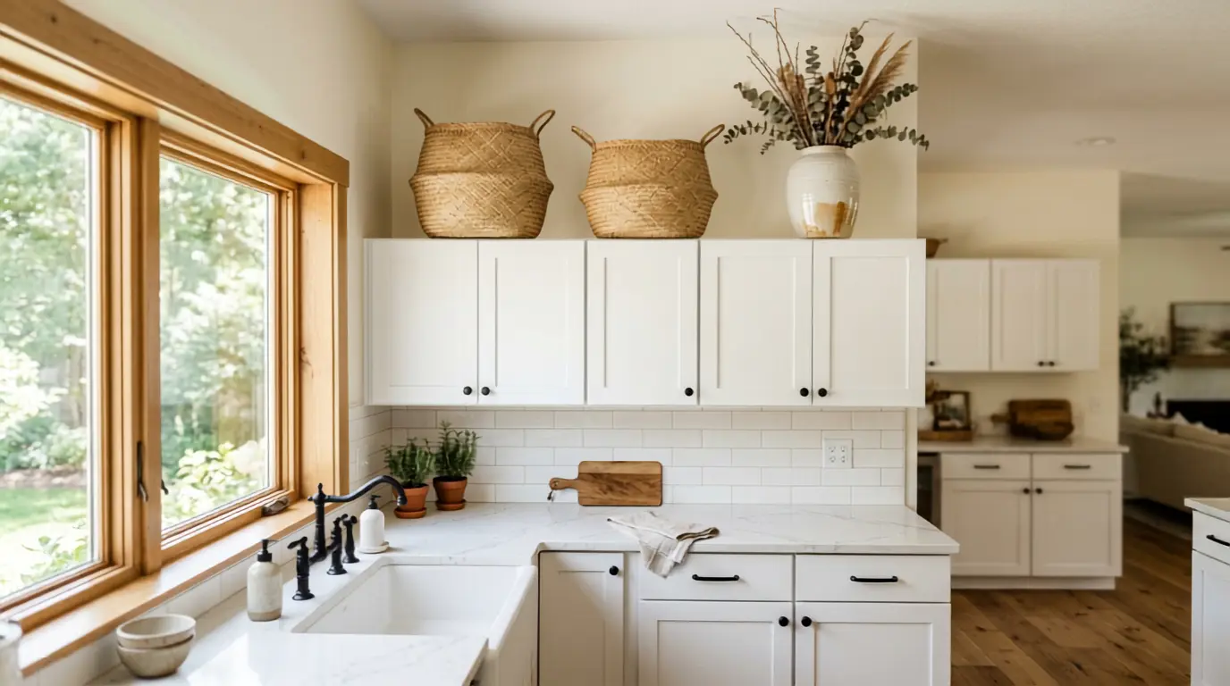 Styled above kitchen cabinet decor with woven baskets and ceramic vases