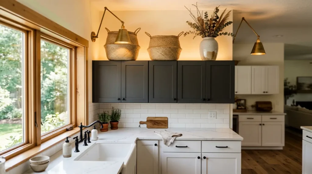 Statement wall sconces above kitchen cabinets flanking a range hood