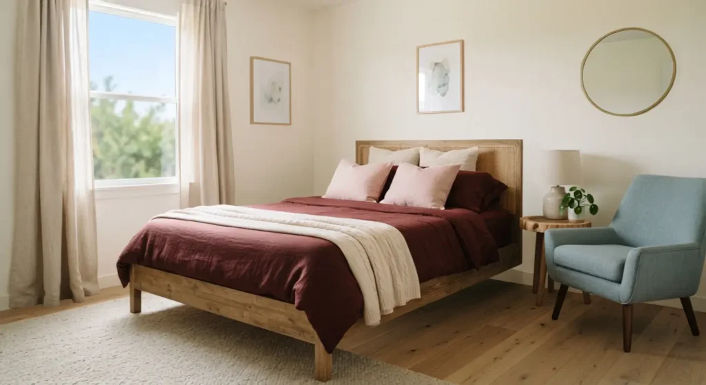 Calm bedroom color scheme pairing deep red bedding with blush pink and soft blue accents