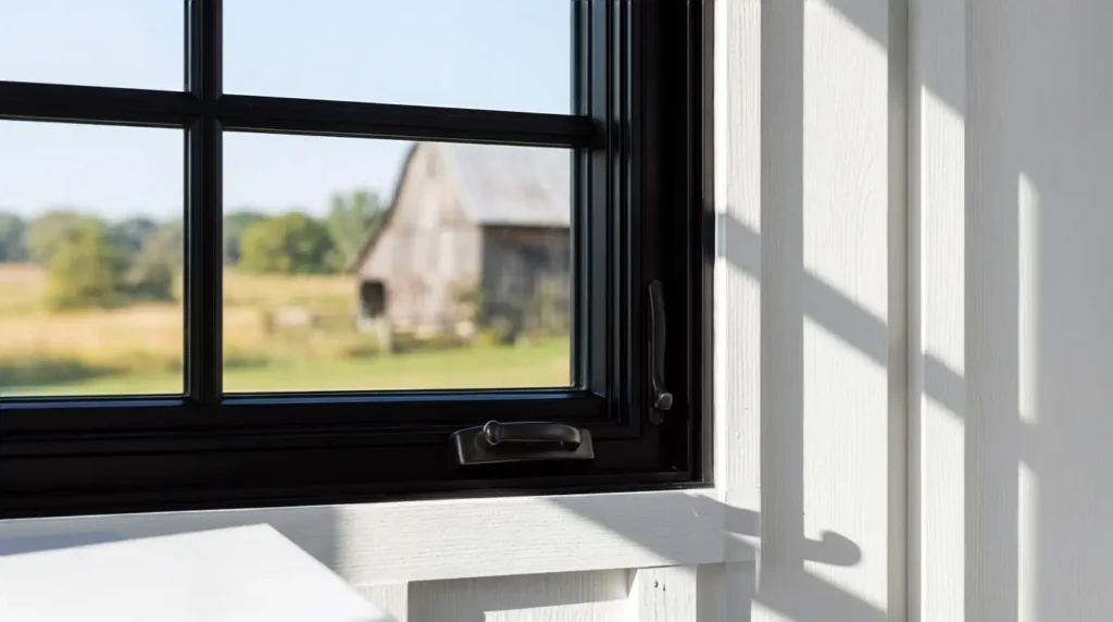 Black farmhouse window frames creating contrast on white siding
