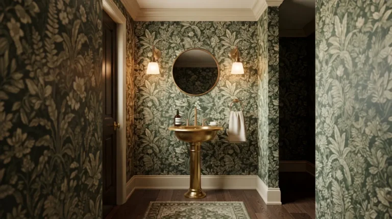 Small powder room with bold green botanical wallpaper, brass pedestal sink, and brass sconce lighting