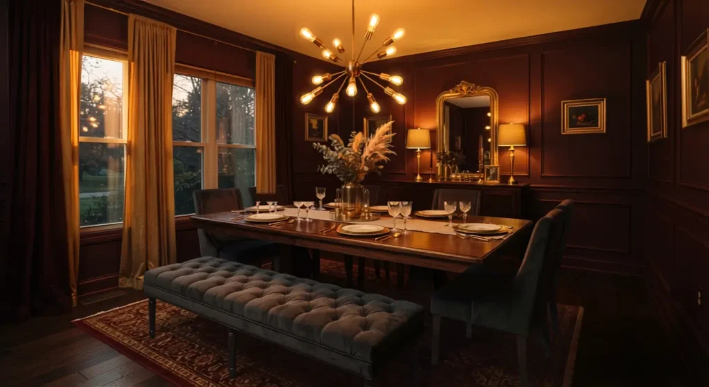 Burgundy dining room walls paired with charcoal seating and brass light fixtures