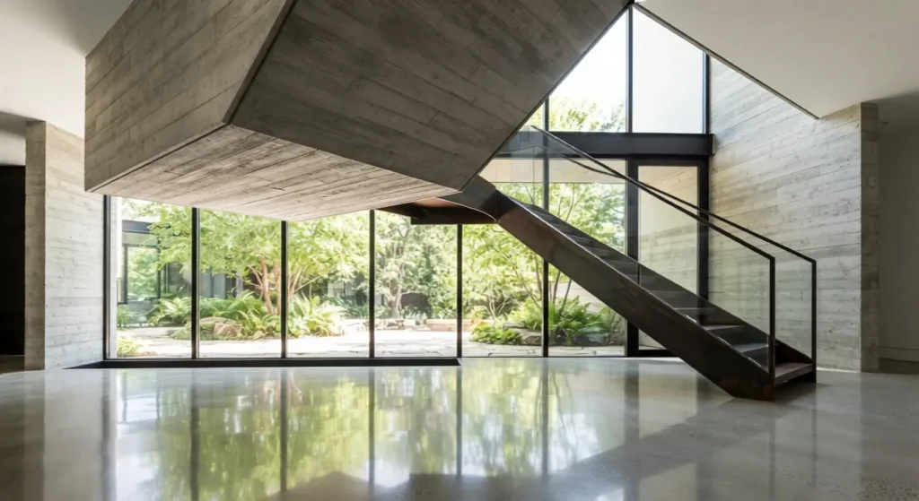 Interior view of a concrete cantilever and steel staircase beside a glass wall in a modern house