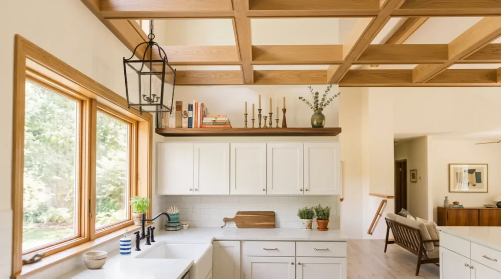 Wood ceiling beams above kitchen cabinets with tall ceilings
