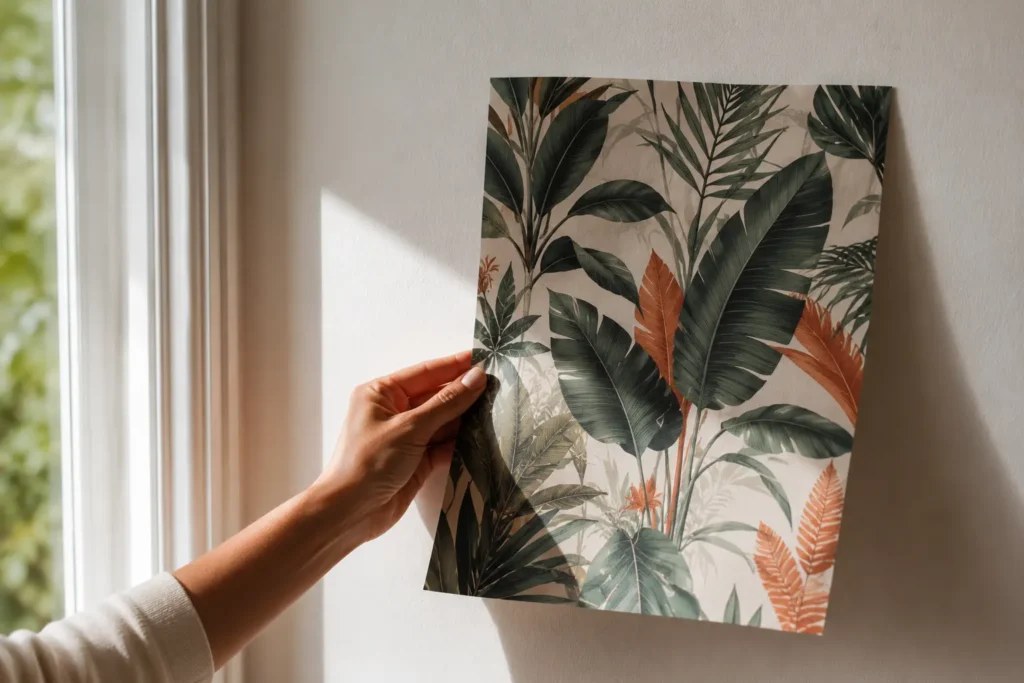 Hand testing a bold wallpaper sample against a bathroom wall