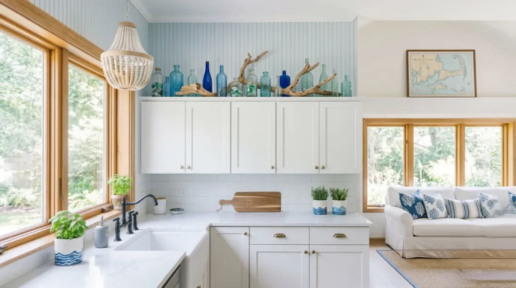  Coastal style above kitchen cabinet decor with glass bottles

