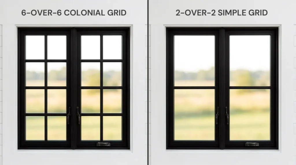 Close up comparison of colonial six pane grid and 2 over 2 window grid
