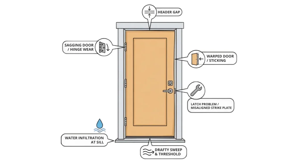 Visual guide showing where common door frame problems occur, including drafts, sagging hinges, and warped jambs
