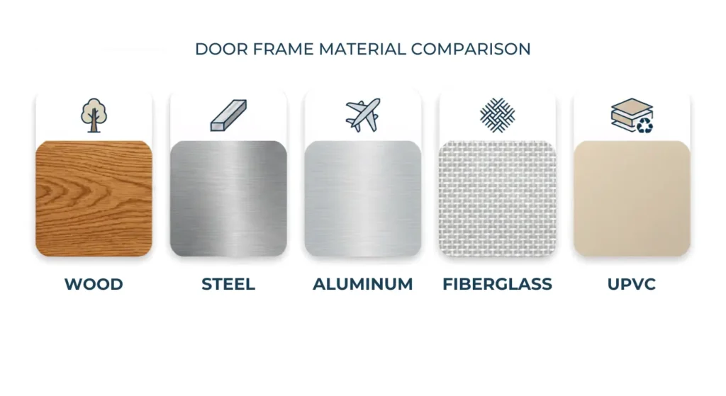 Comparison graphic of wood, steel, aluminum, fiberglass, and composite door frame materials