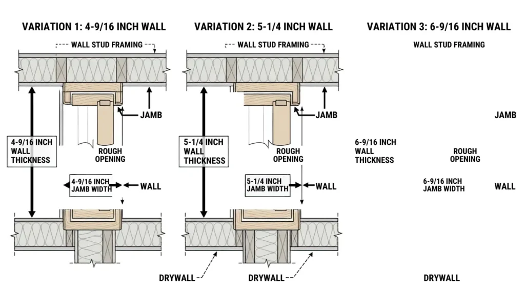 Cross section diagram comparing door jamb widths of 4-9/16 inches, 5-1/4 inches, and 6-9/16 inches against wall thickness
