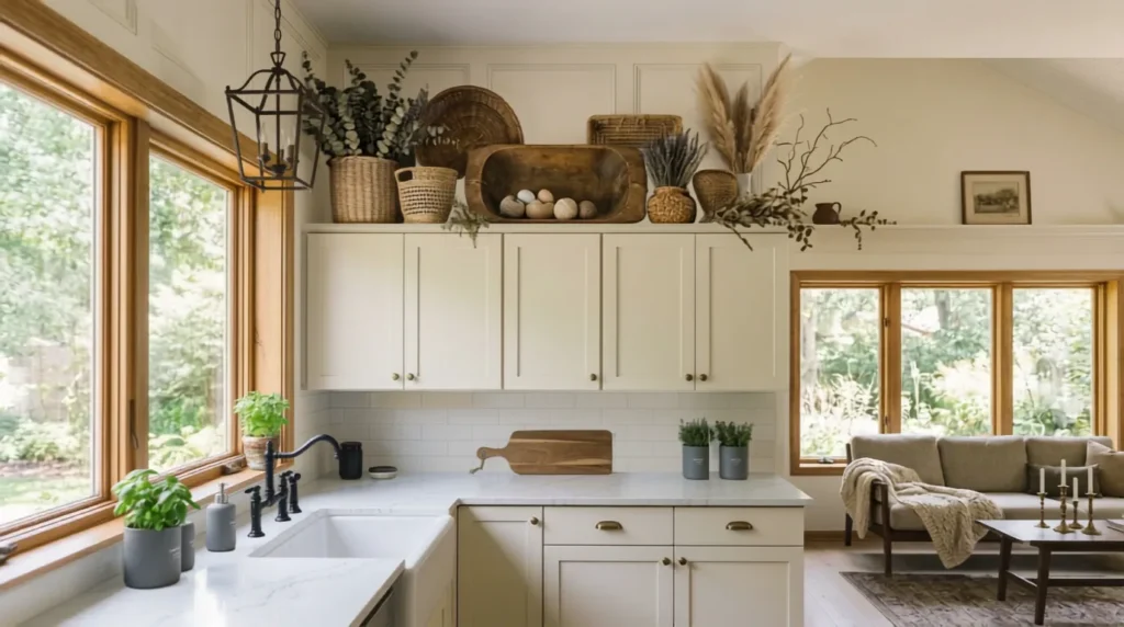 Farmhouse style above kitchen cabinet decor with baskets and crocks