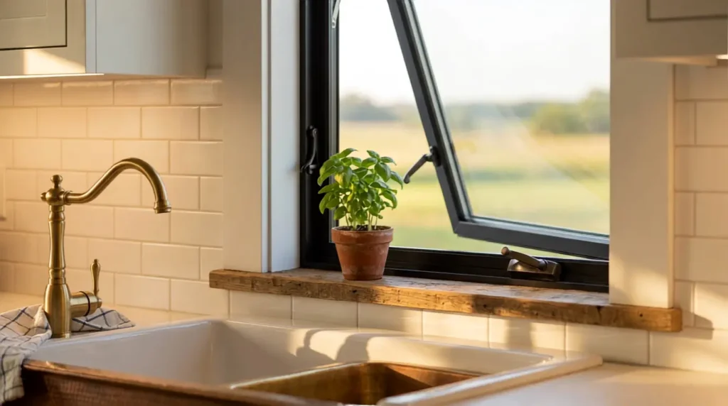 Black farmhouse casement window open above a kitchen sink
