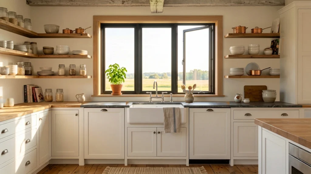 Farmhouse kitchen filled with natural light from black framed windows
