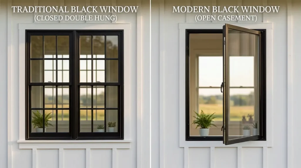 Double hung and casement farmhouse windows shown side by side
