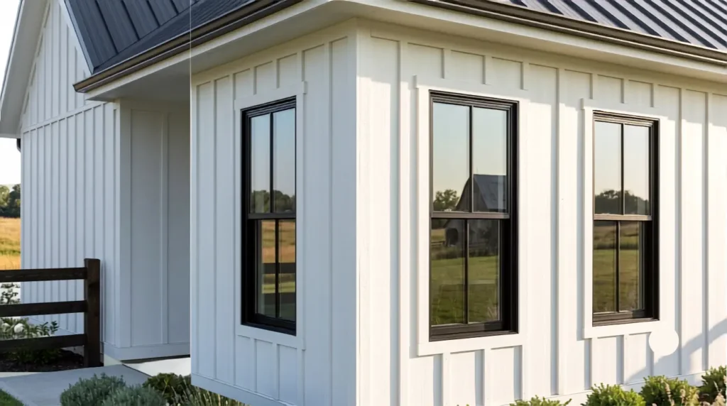 Black farmhouse windows paired with white board and batten siding
