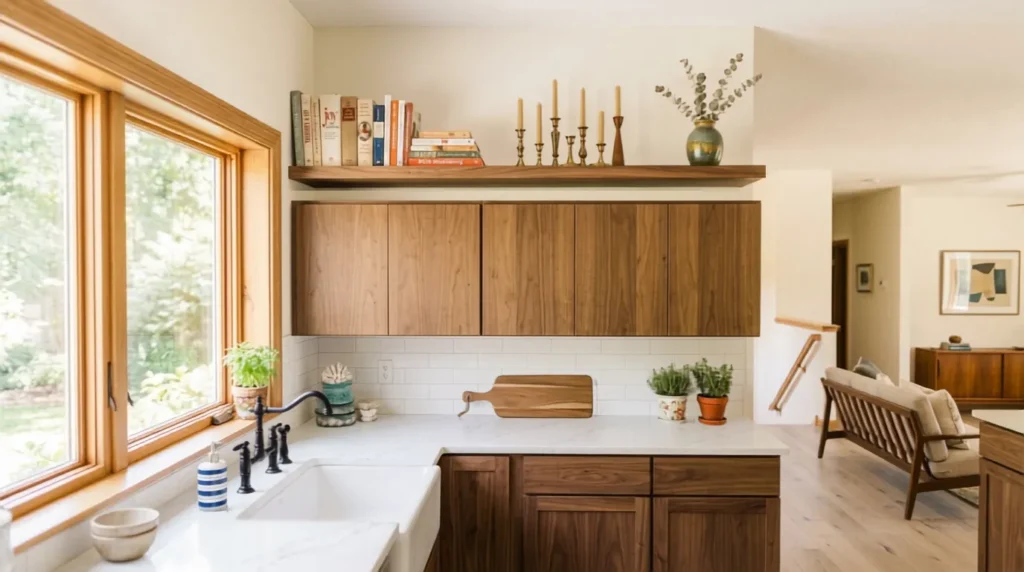 Floating wood shelves styled above kitchen cabinets
