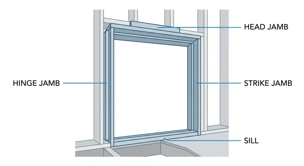 Close-up diagram of head jamb, side jambs, hinge jamb, strike jamb, and sill in a door frame