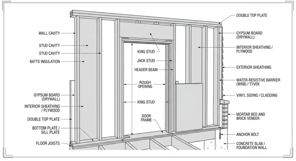 Diagram showing king studs, jack studs, header, and rough opening around a door frame