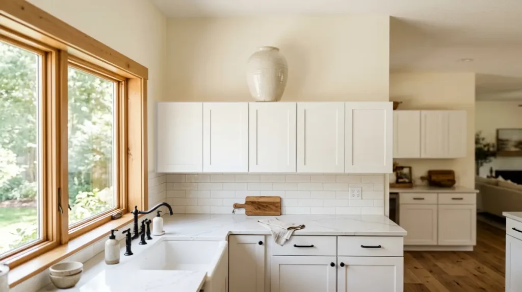 Oversized ceramic vase styled above kitchen cabinets