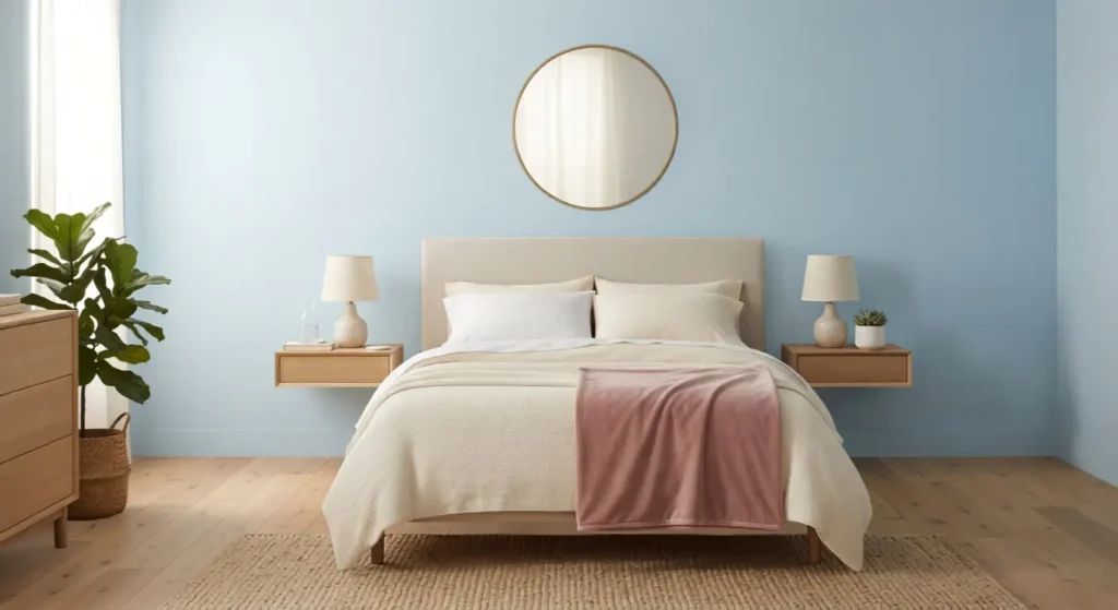 Light blue bedroom walls paired with warm white bedding and a dusty pink throw blanket