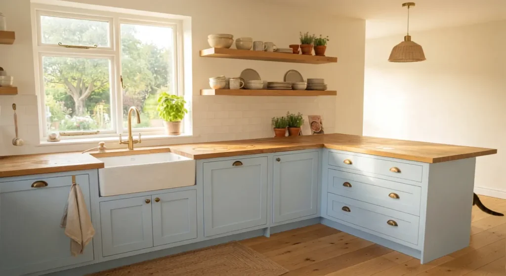 Light blue kitchen cabinets paired with brass hardware and natural wood open shelving
