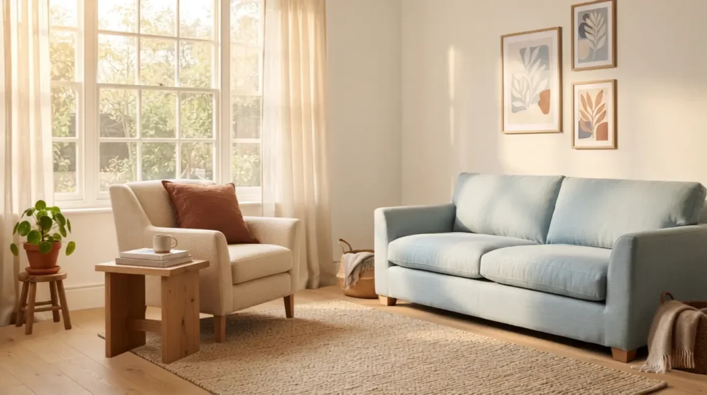 Light blue living room paired with warm beige armchair and terracotta accent pillow in natural light