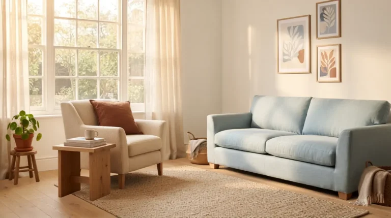 Light blue living room paired with warm beige armchair and terracotta accent pillow in natural light