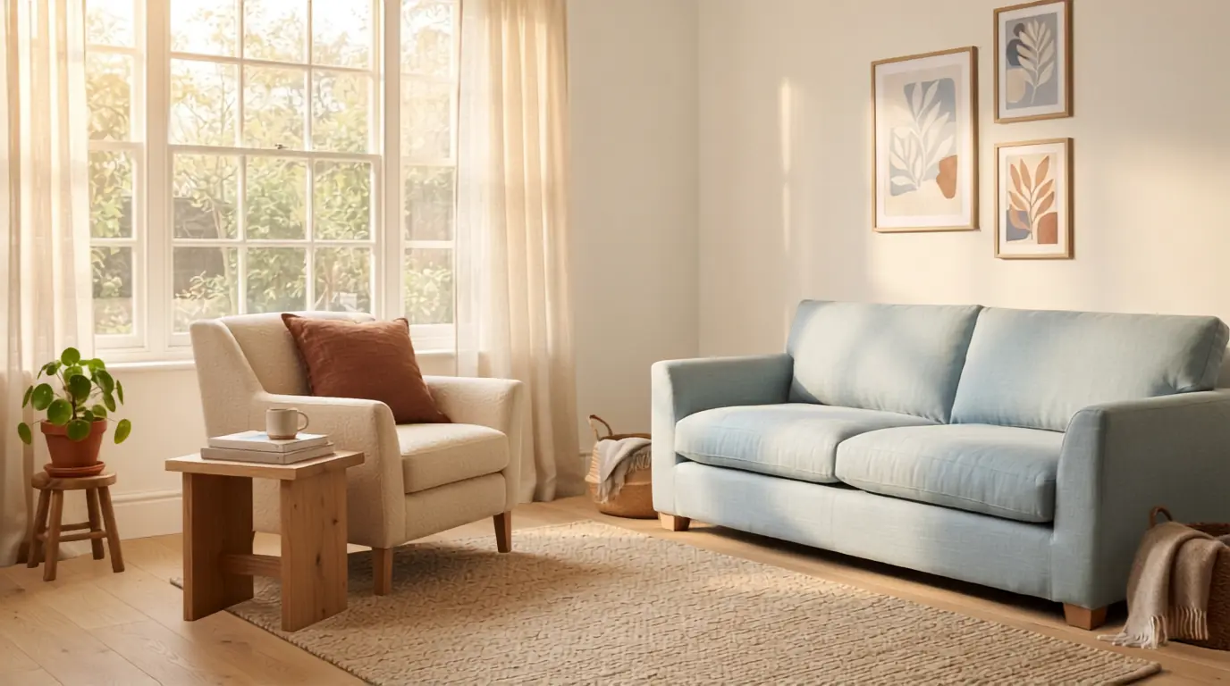 Light blue living room paired with warm beige armchair and terracotta accent pillow in natural light