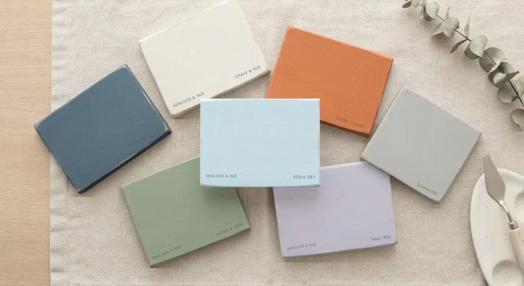 Light blue paint chip flat lay next to terracotta and sage green swatches showing complementary color pairing
