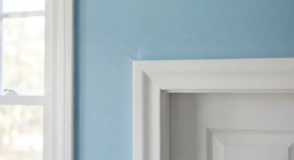 Close-up of light blue wall paint against bright white window trim
