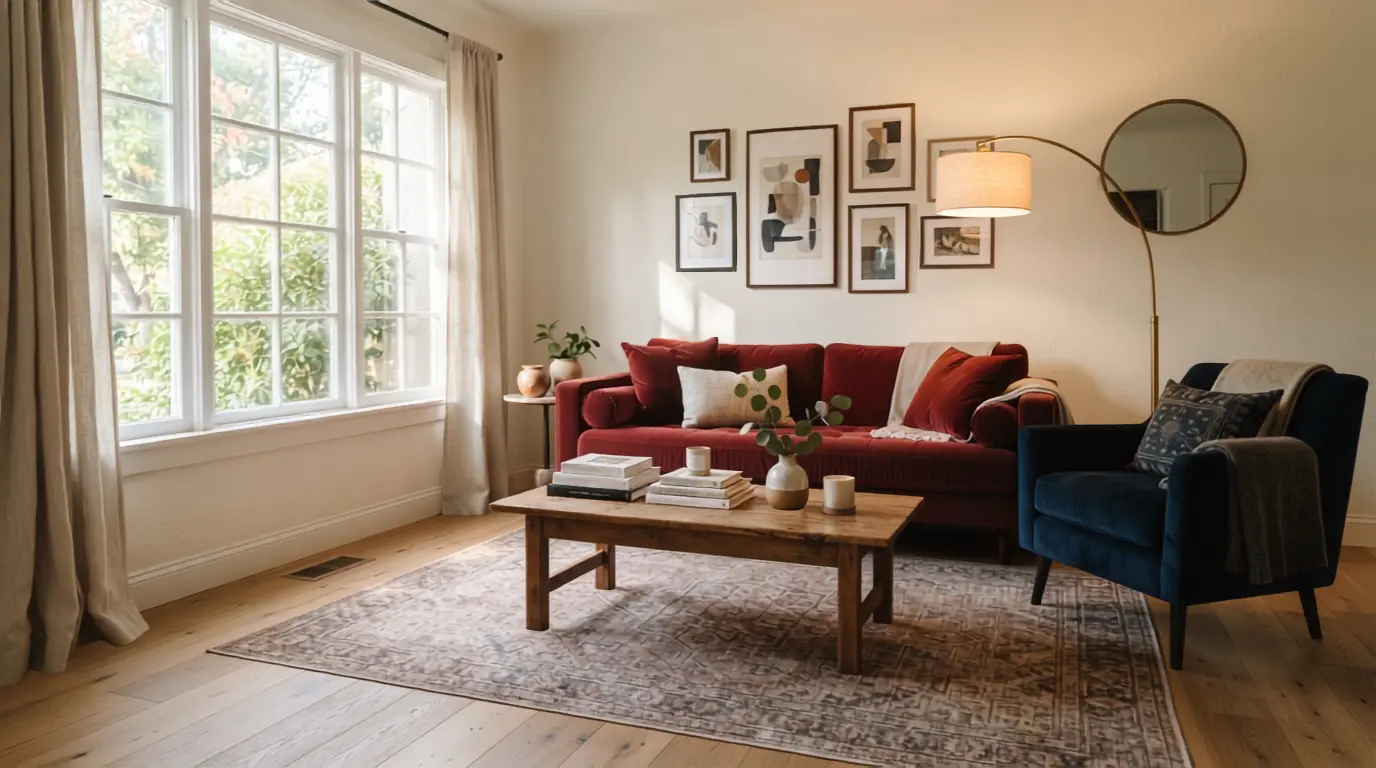 Deep red velvet sofa paired with a navy blue accent chair in a sunlit modern living room