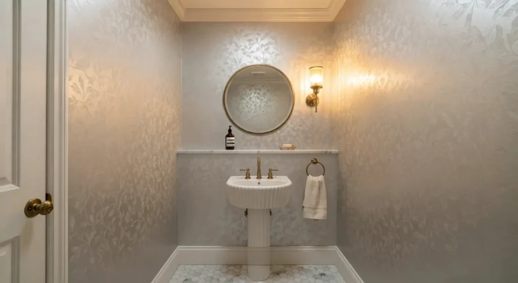 Windowless powder room with light-reflecting metallic wallpaper and brass sconce lighting