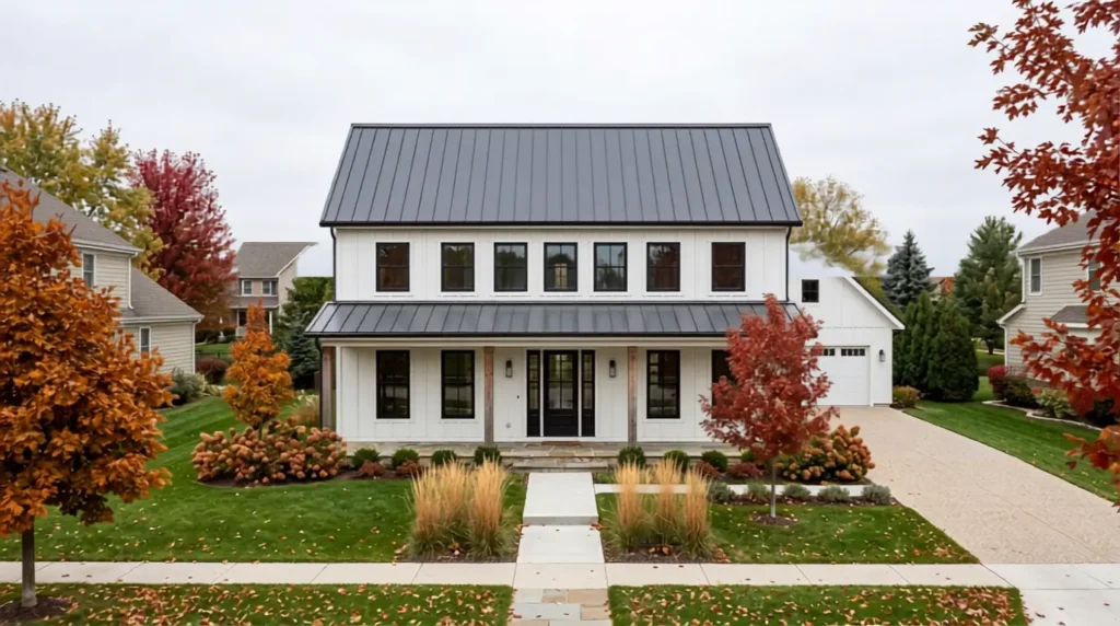 New construction Midwest farmhouse with black fiberglass casement windows
