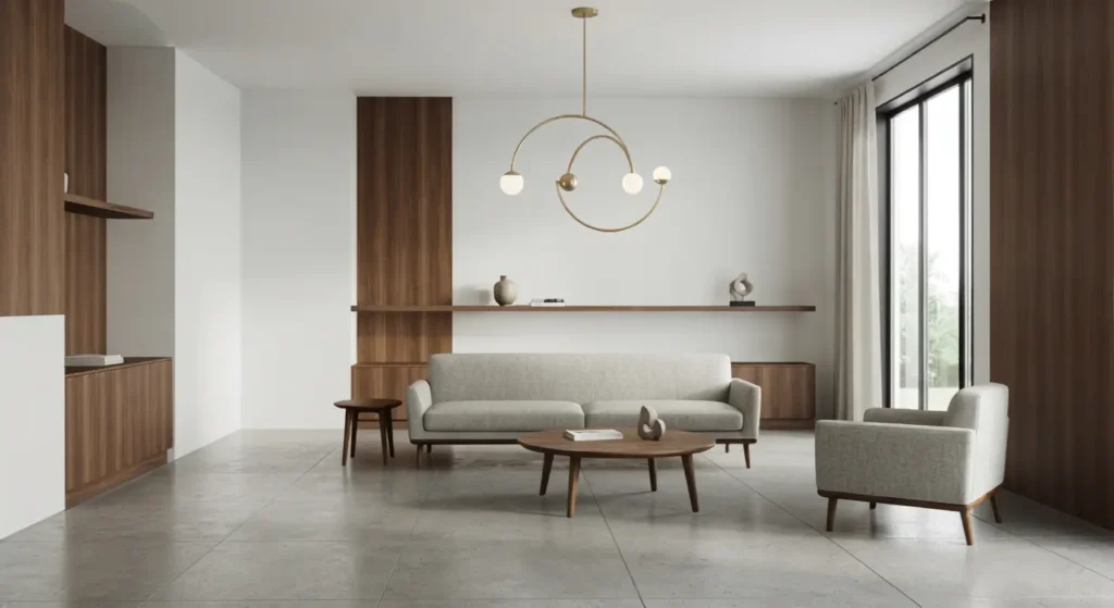 Minimalist modern living room with exposed-leg furniture, walnut wood accents, and sculptural pendant lighting