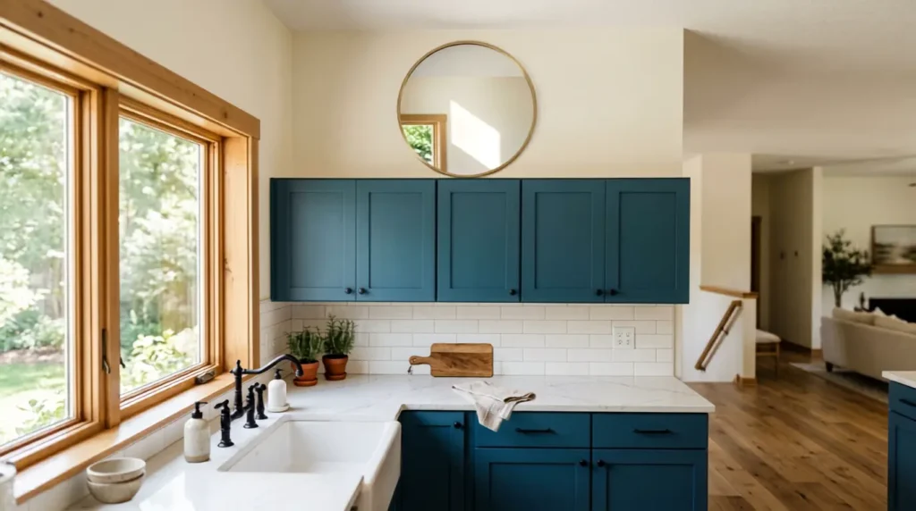 whether that is a round brass mirror in a warm kitchen or a simple black frame in a modern one.