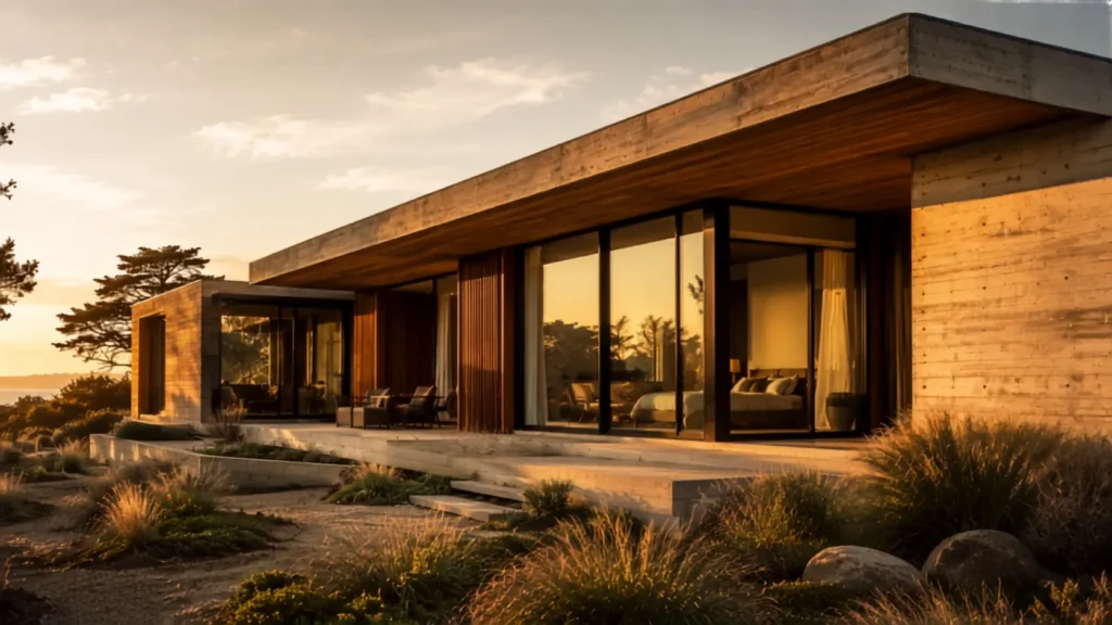 Flat roof modern houses with concrete and cedar cladding and floor-to-ceiling glass walls at sunset