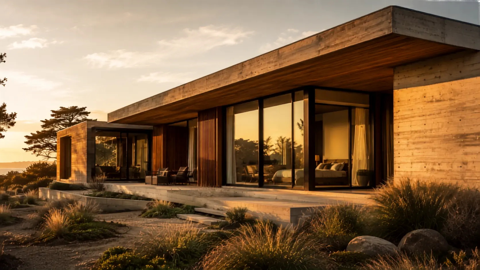 Flat roof modern houses with concrete and cedar cladding and floor-to-ceiling glass walls at sunset