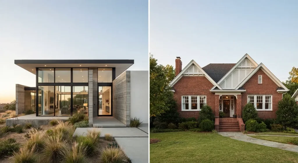 Side-by-side exterior comparison of a flat-roof modern home and a pitched-roof traditional home