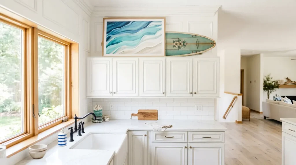 Large framed artwork displayed above kitchen cabinets