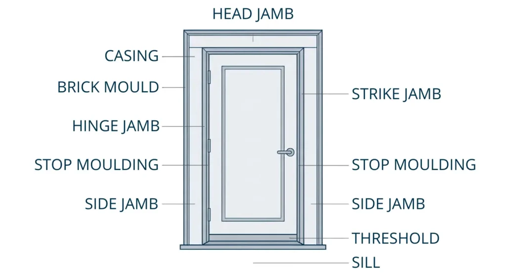 Labeled diagram showing all parts of a door frame including head jamb, side jambs, sill, threshold, casing, and brick mould