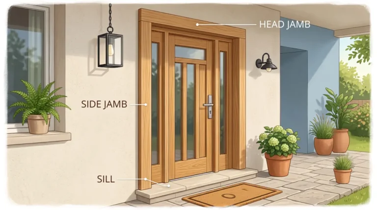 Illustration of a residential door frame showing head jamb, side jambs, sill, and trim for a complete parts guide