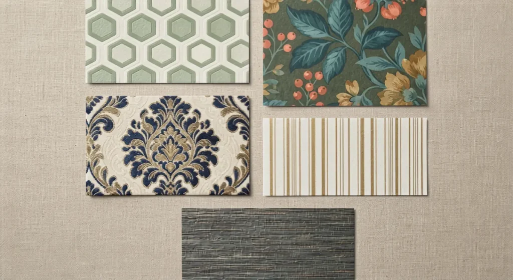 Wallpaper swatches showing geometric, floral, damask, and striped pattern options for a powder room