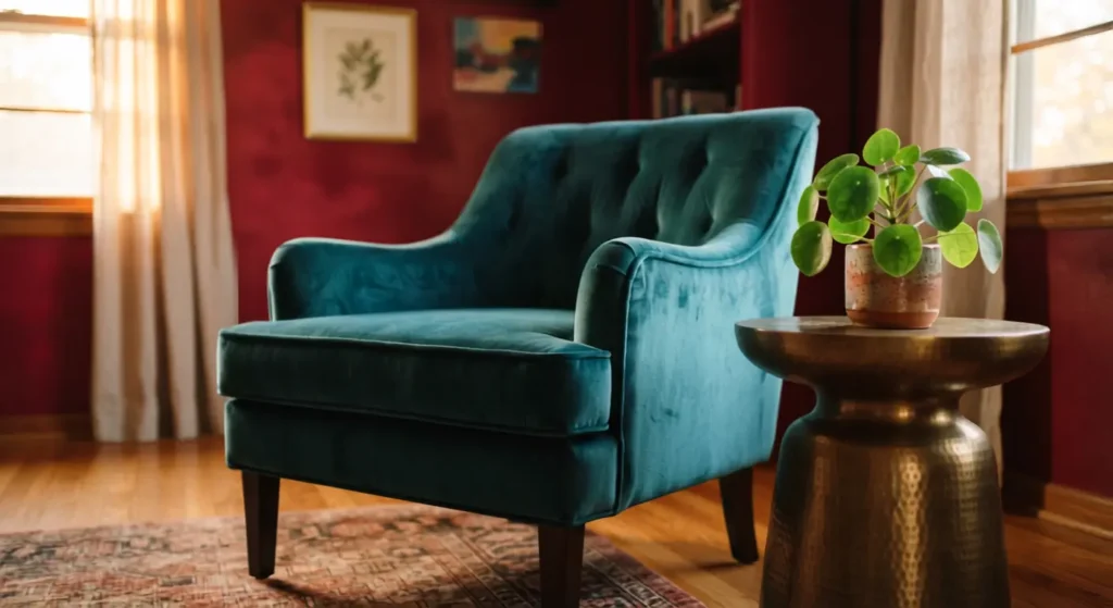 Bold red wall paired with a teal velvet armchair for a modern color combination